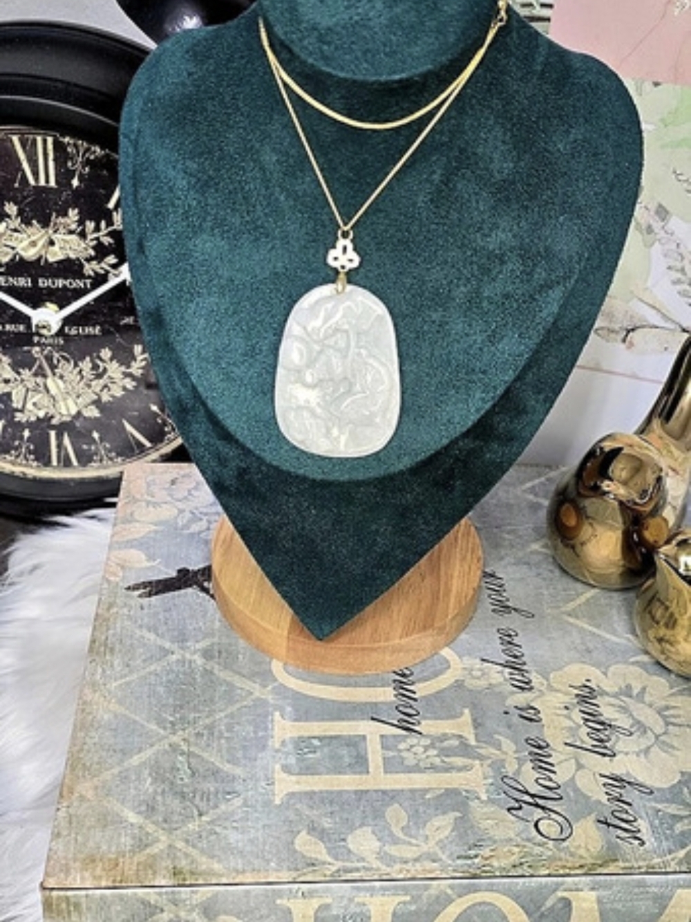 Natural Apple Green Jade Koi Fish And Flower Pendant Charm Necklace, Handcarved